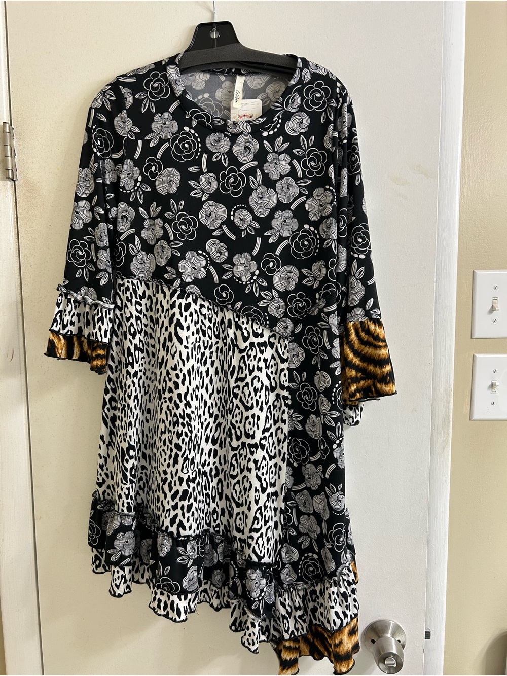 Celeste Black & White Floral Leopard Mixed-Print Blouse with Tiger Trim